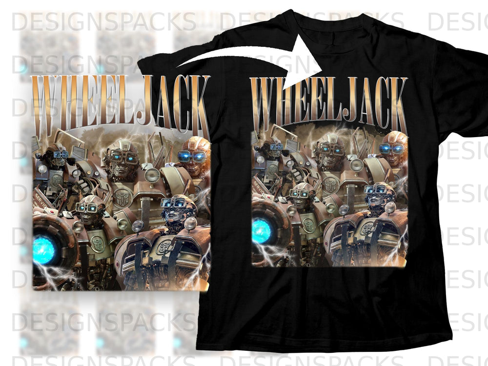 Black t-shirt with "WHEEL JACK" text and robot character graphic.