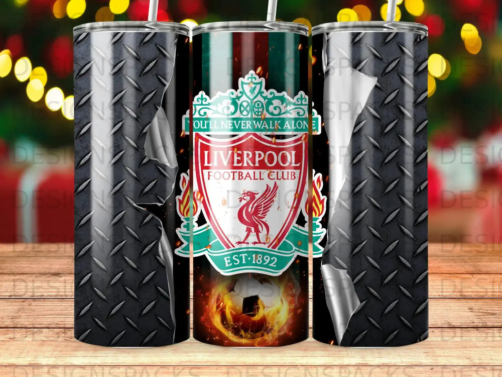 Liverpool Football Club logo with fiery emblem and diamond plate background.