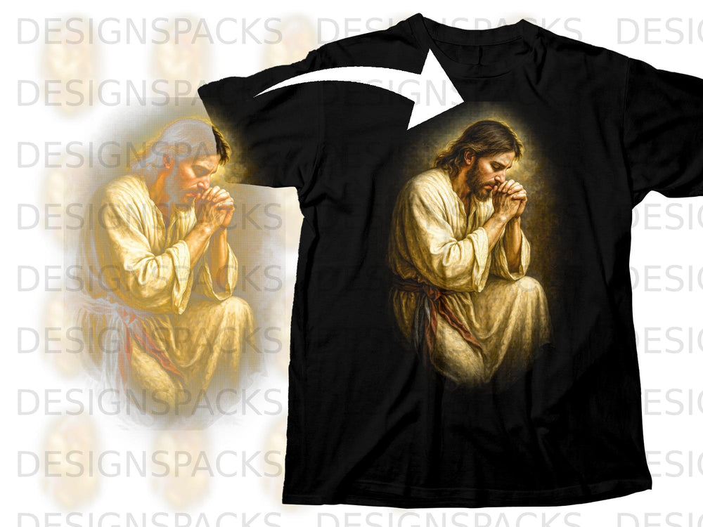 Black t-shirt with a painting of Jesus praying on the front.