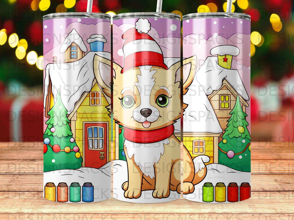 Corgi wearing a Santa hat and scarf with a winter village background.