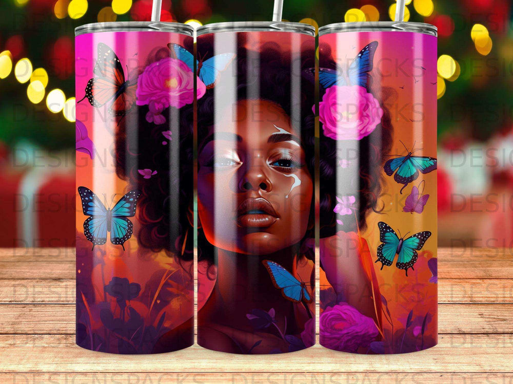 Woman with butterflies and flowers on a patterned tumbler.