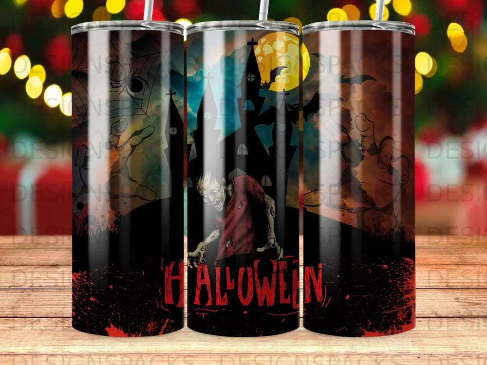 Halloween tumbler with zombie, haunted house, and blood splatter design.