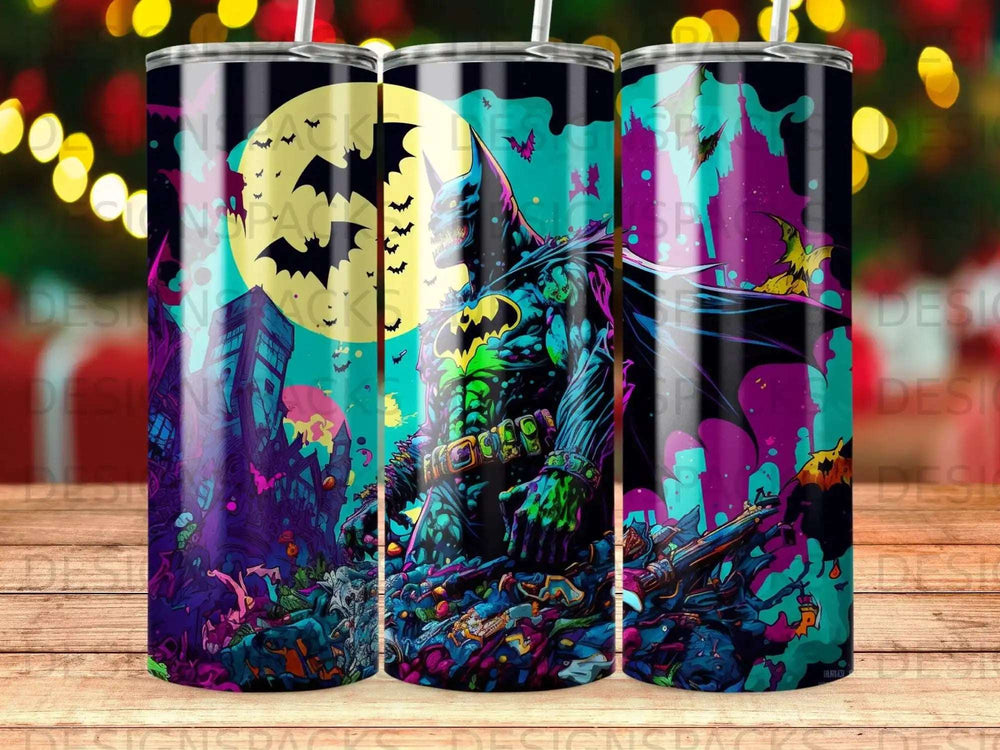Batman artwork on a tumbler with spooky Halloween-themed cityscape and moon.