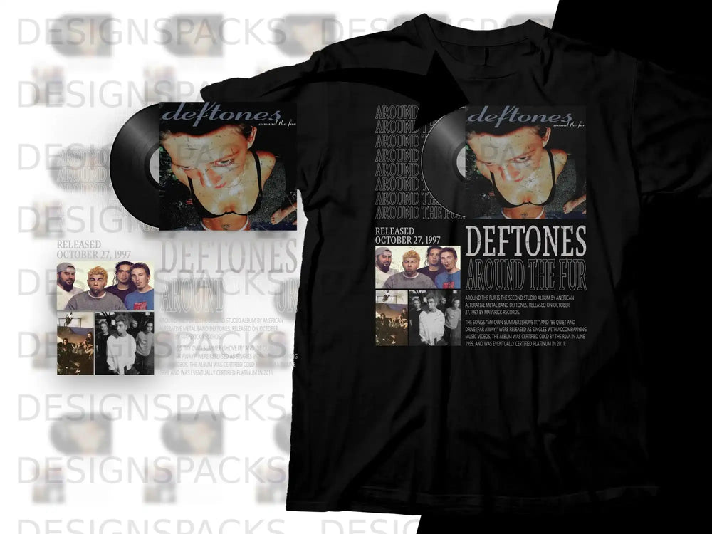 Deftones Around the Fur album cover and t-shirt on black background.