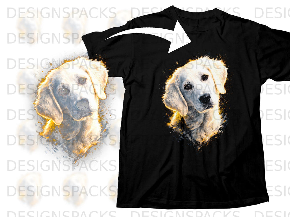 Black t-shirt with a watercolor-style golden retriever dog graphic.