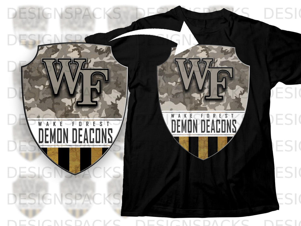 Black t-shirt with Wake Forest Demon Deacons logo in camouflage shield.