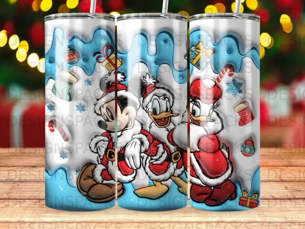 Christmas characters wearing Santa suits with candy canes and snowflakes.