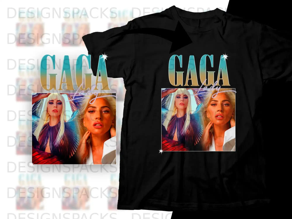 Black t-shirt with "GAGA" graphic and Lady Gaga portraits.