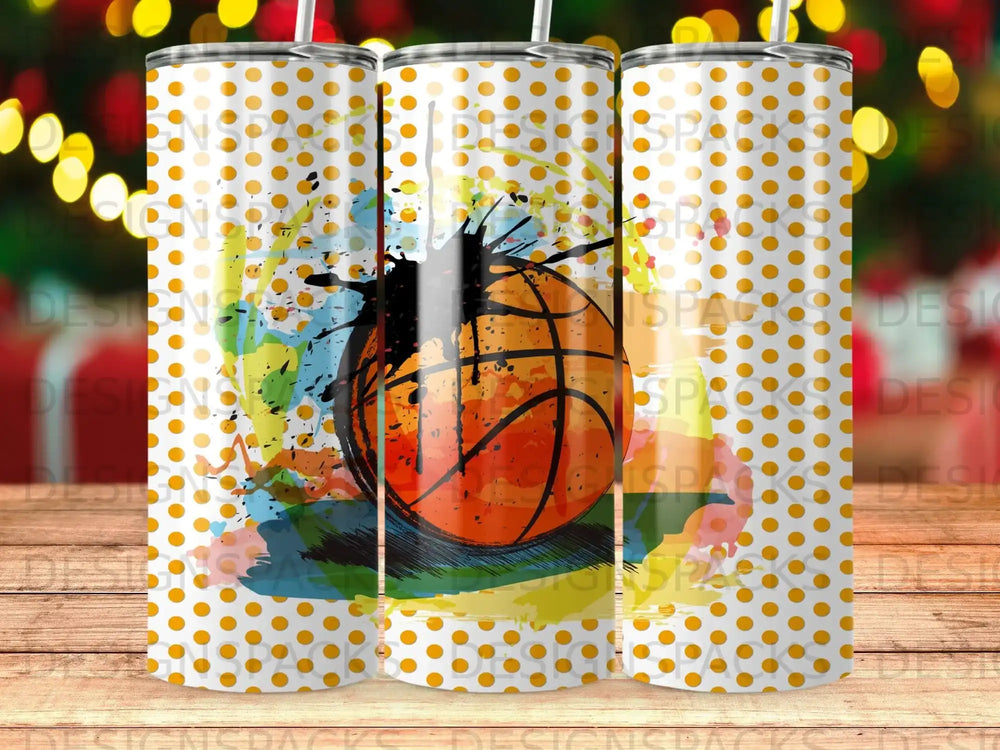 Basketball graphic with orange polka dots on a white background.