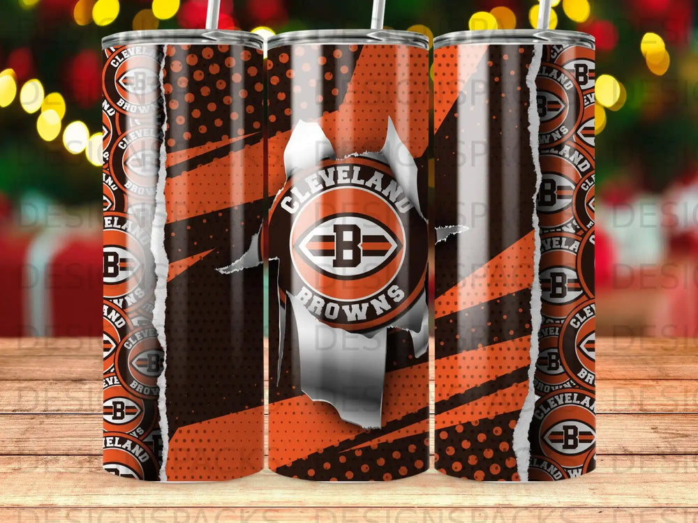 Cleveland Browns logo on a cracked orange and brown striped tumbler.