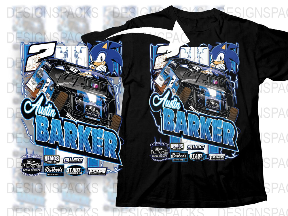 Sonic Hedgehog Racing Car Austin Barker Custom Graphic T-Shirt, Boys Cartoon Tee, Gift for Kids