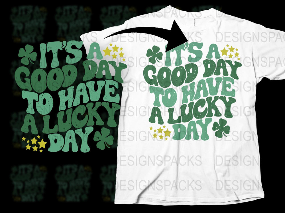 Lucky Day Graphic T-Shirt, White Tee with Green Text, Casual Men's and Women's Apparel