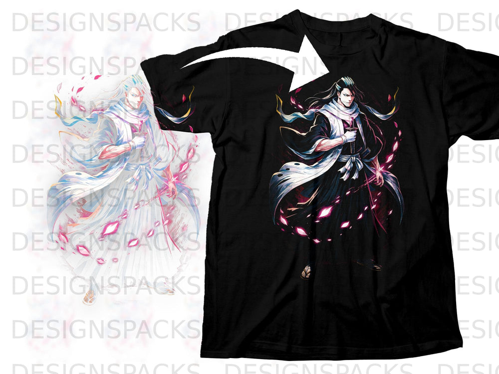 Black t-shirt with anime character holding a sword, surrounded by pink energy.