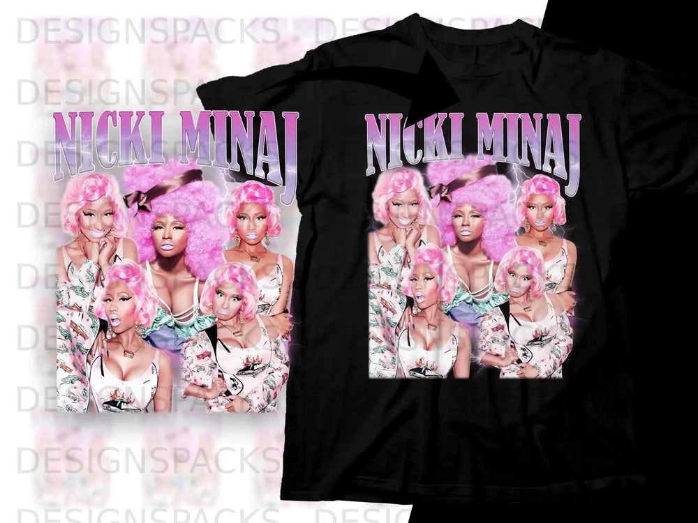 Black t-shirt with Nicki Minaj collage featuring multiple images and text.