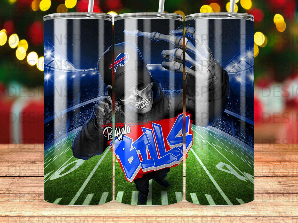 Buffalo Bills skeleton with Bills logo against a stadium background.