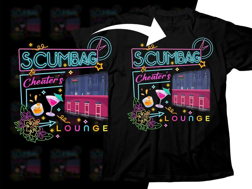 Neon 'Scumbag & Cheater's Lounge' t-shirt design with cocktails and bar scene