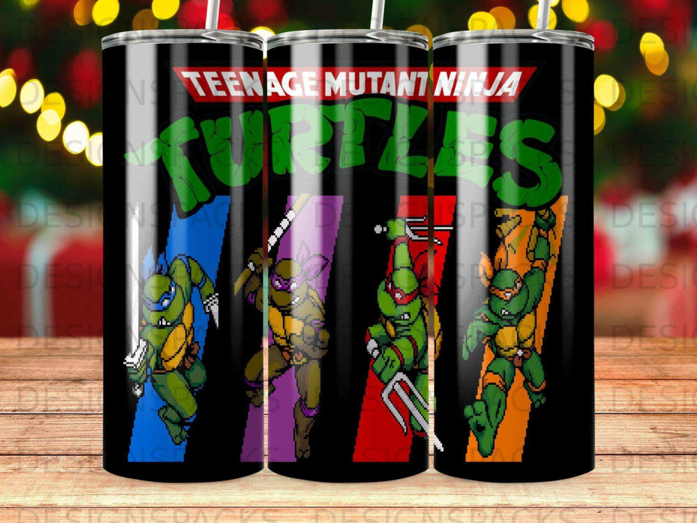Teenage Mutant Ninja Turtles characters on a black tumbler cup.