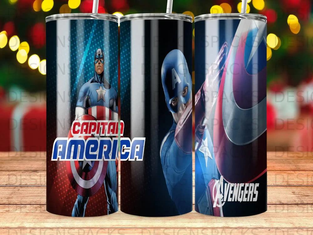 Captain America and Avengers tumbler designs with superheroes and shields.