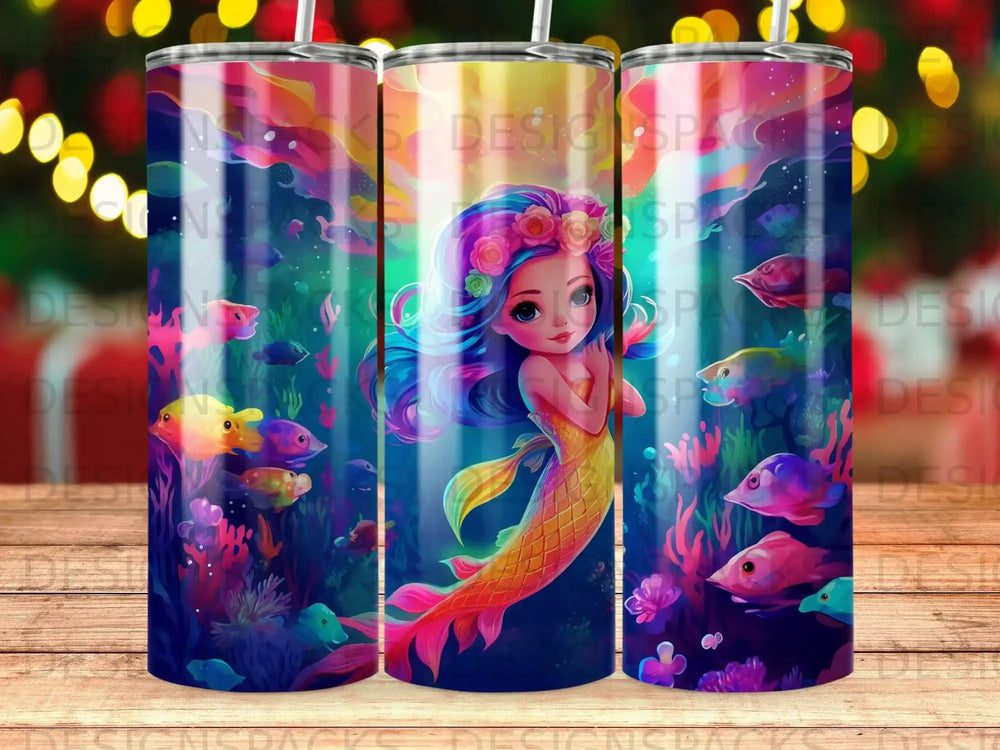 Mermaid with colorful hair and tail, surrounded by coral and fish.