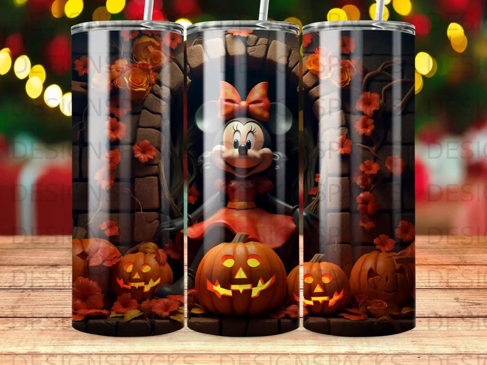 Minnie Mouse in a Halloween costume with pumpkins and autumn leaves.