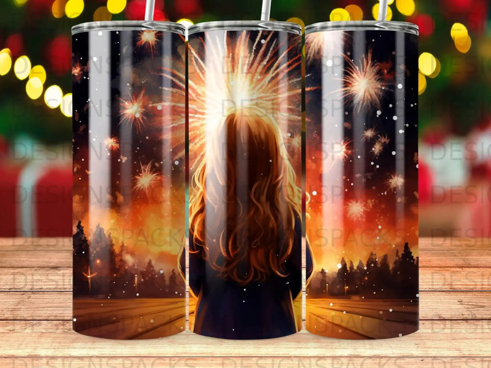 Woman watching fireworks over a city skyline.