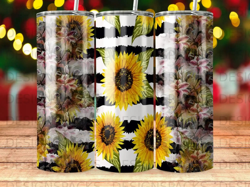 Three tumblers with sunflowers and black and white stripes.