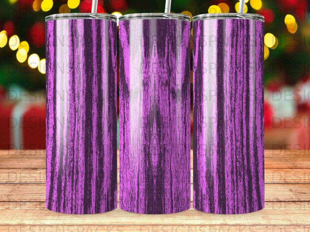 Three purple wood grain tumblers with a metallic sheen arranged closely.