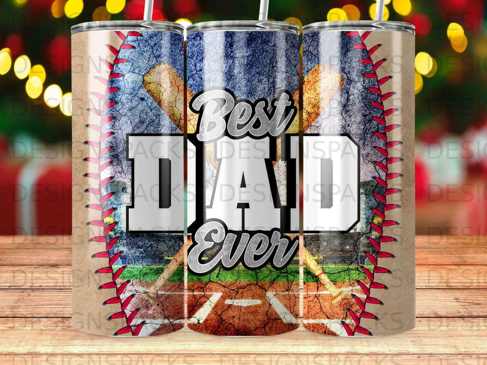 Best Dad Ever tumbler with baseball bats and ball design.