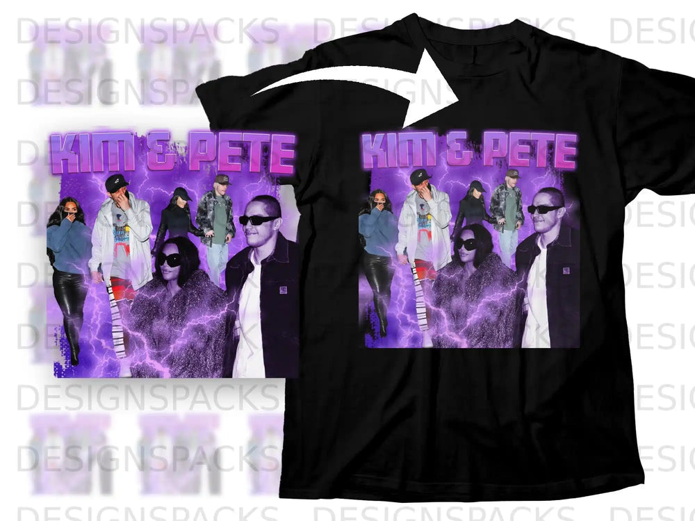 KIM & PETE graphic on black t-shirt with purple lightning background.