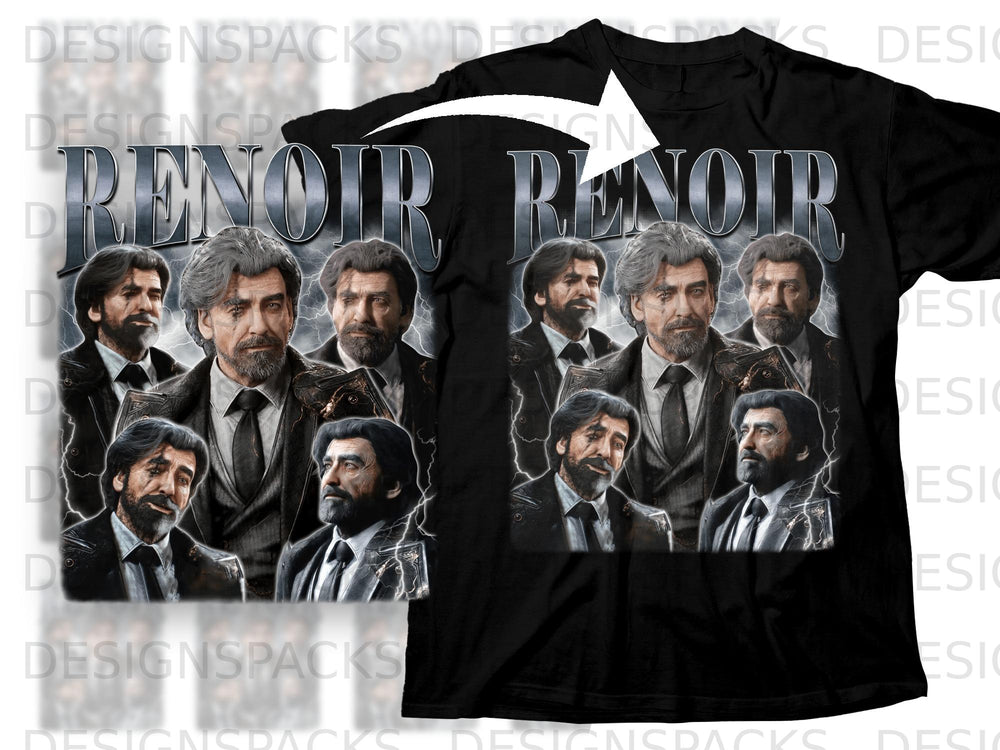 Black t-shirt with "RENOIR" text above a collage of men in suits.