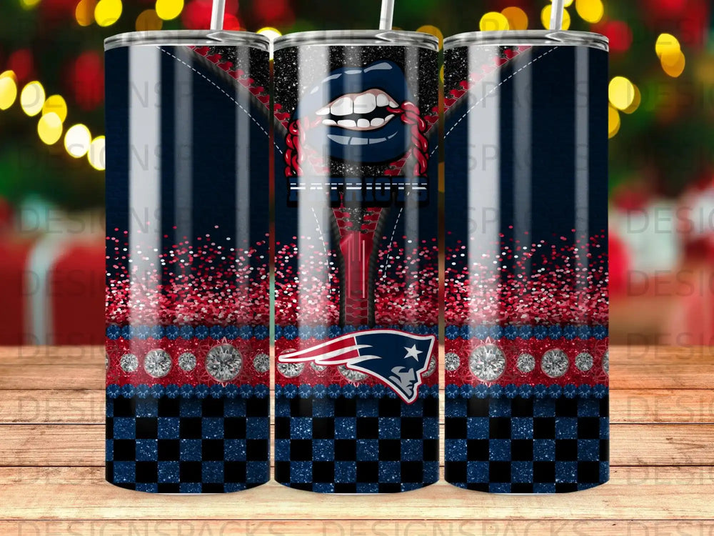 New England Patriots checkered tumbler with lips and glitter accents.