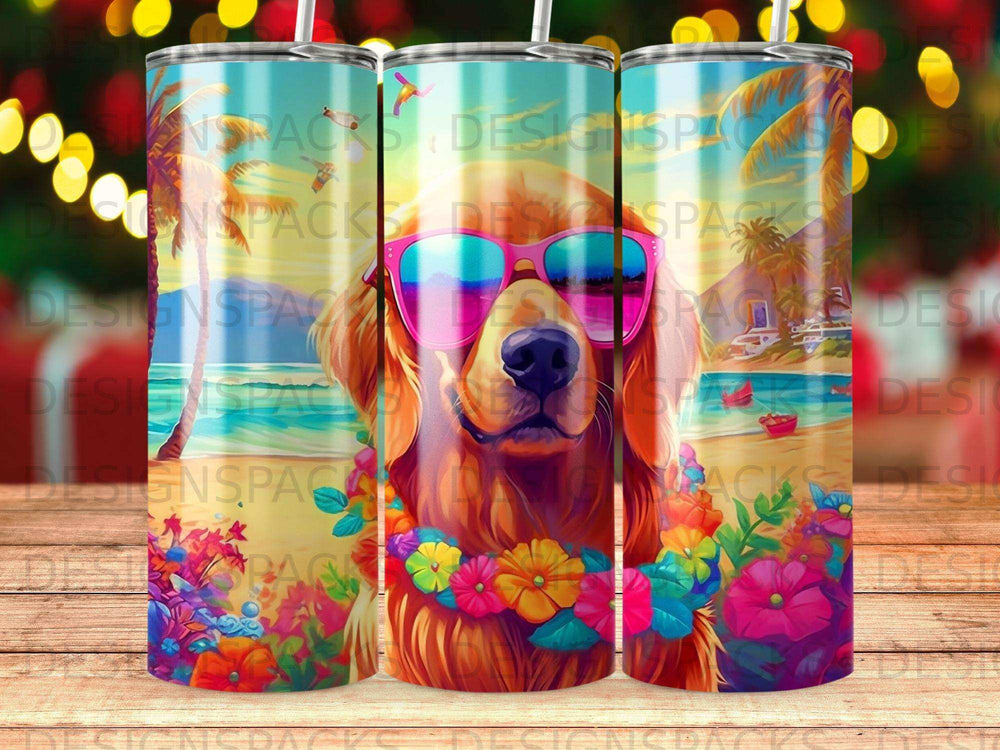 Golden retriever wearing sunglasses and a lei on a beach.