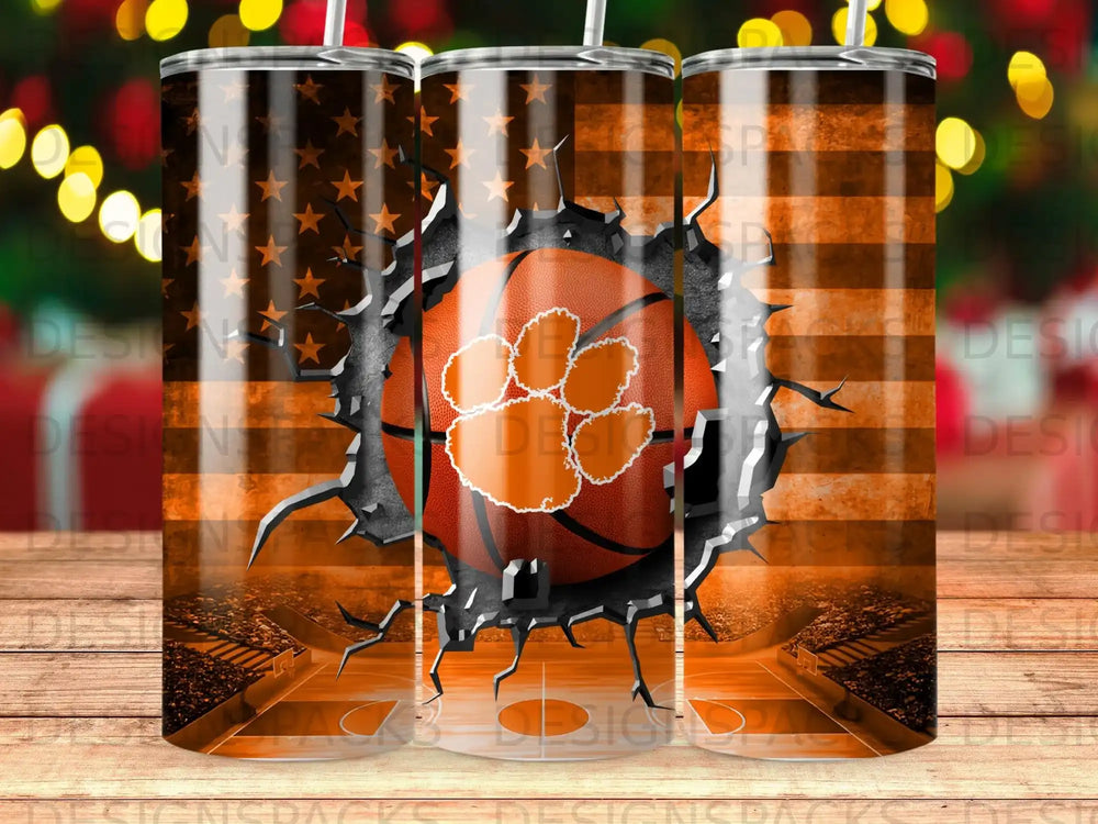 Orange Clemson Tigers basketball breaking through American flag background.