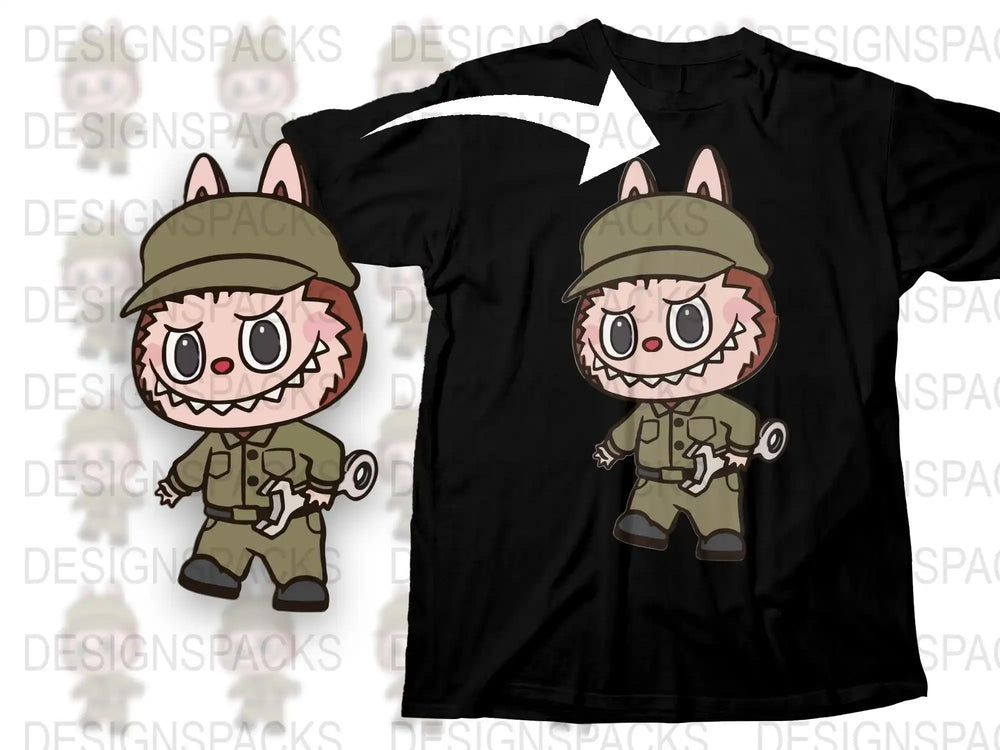 Anime Character T-Shirt, Cute Cartoon Soldier Graphic Tee, Unisex Black Cotton Shirt