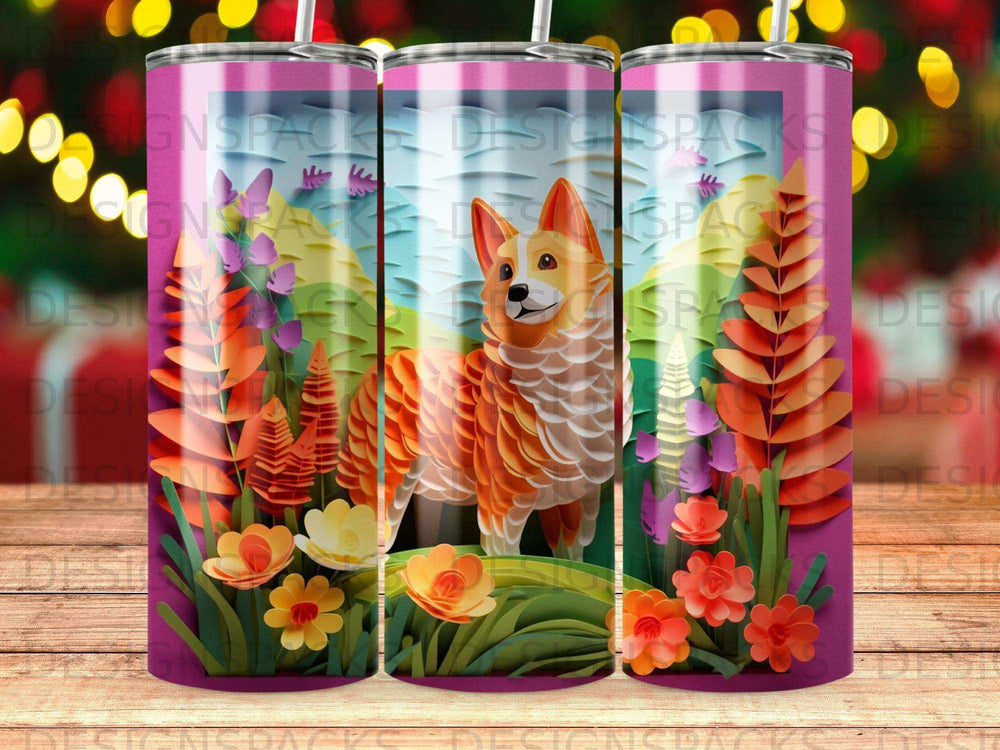 Corgi in a colorful garden scene, on a pink patterned tumbler.