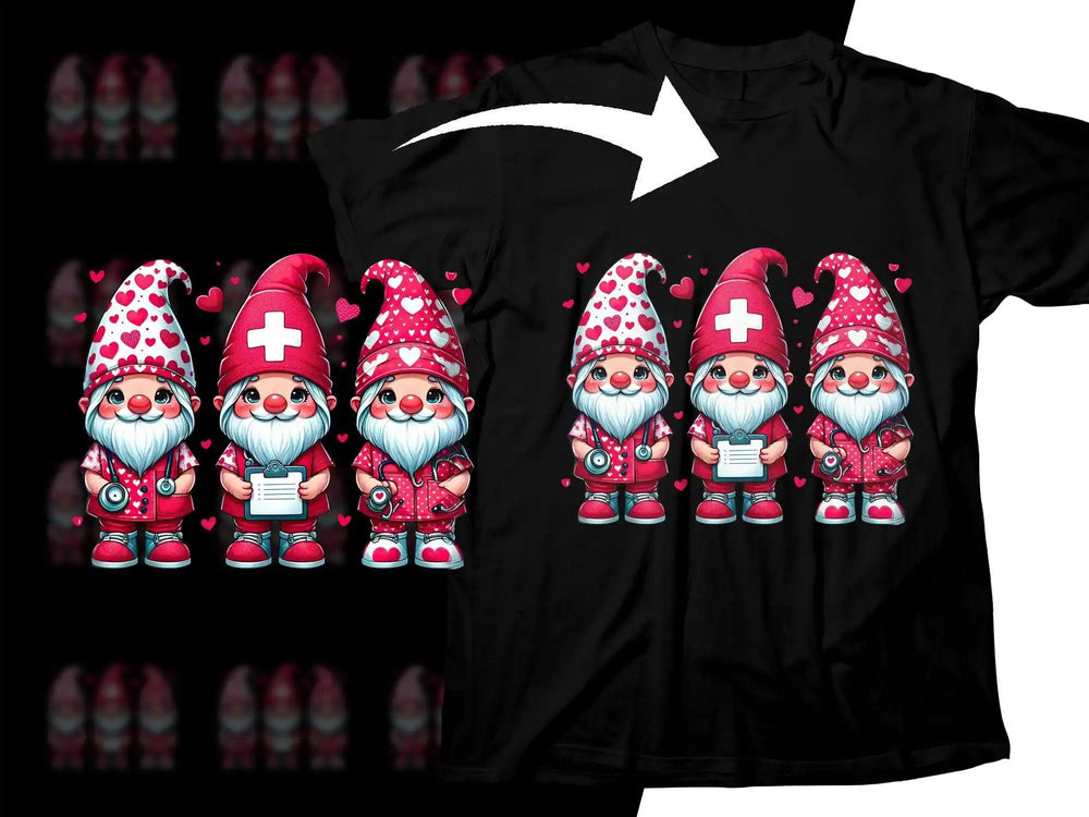 Cute nurse gnomes in red with hearts, printed on black t-shirt, perfect for Valentine's Day or medical themes.