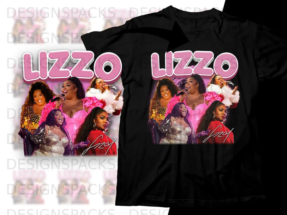 Lizzo graphic tee with concert photos and signature.