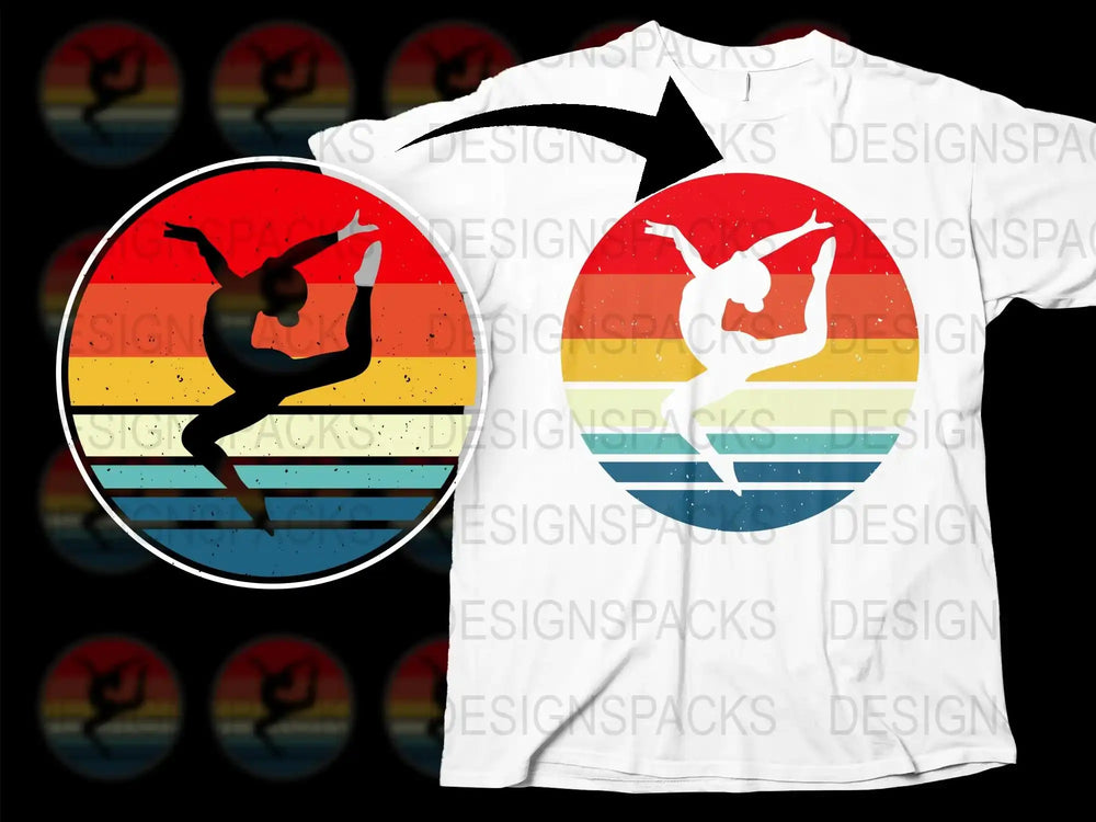 Retro Ballet Dancer T-Shirt, Colorful Striped Background, Artistic Dance Tee, Unisex Dance Lover Gift