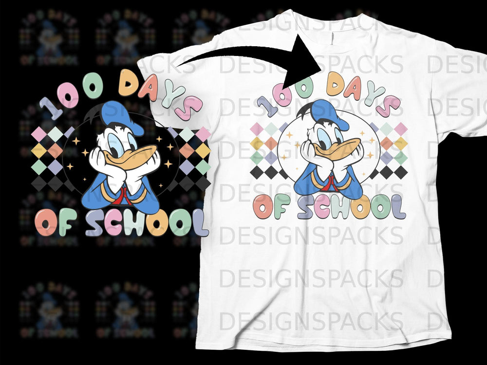 Donald Duck on white t-shirt with "100 Days of School" text and geometric pattern.