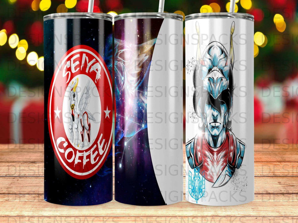 Tumbler with "SEIYA COFFEE" logo and starry background.