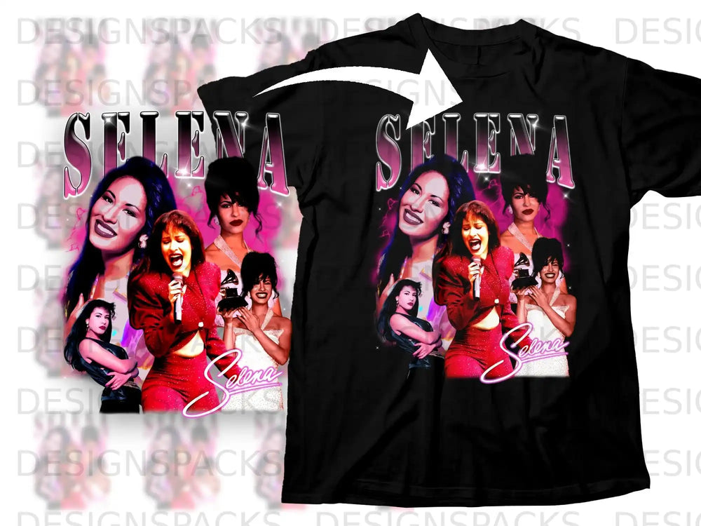 Selena Quintanilla t-shirt with multiple images of the singer and her name.