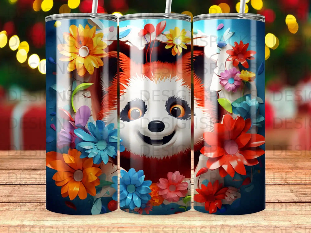 Red panda surrounded by colorful, stylized flowers on a cylindrical tumbler.