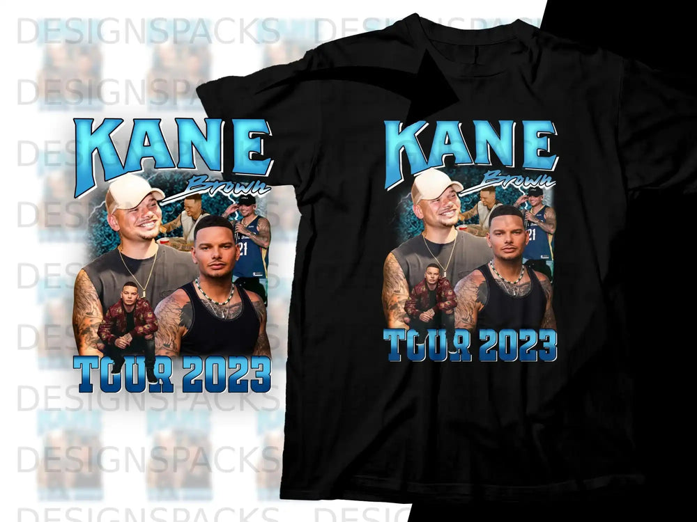 Black t-shirt with Kane Brown 2023 tour graphic featuring artist's photos.