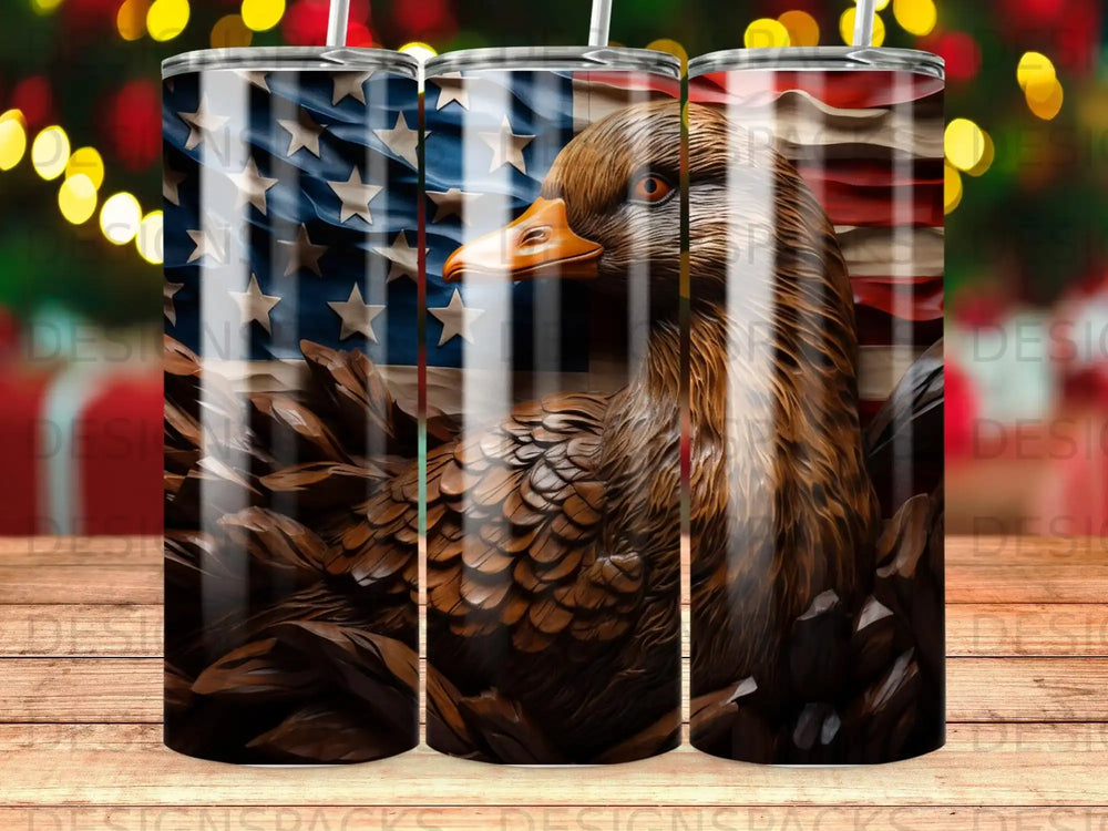 Duck and American flag illustration on a tumbler.