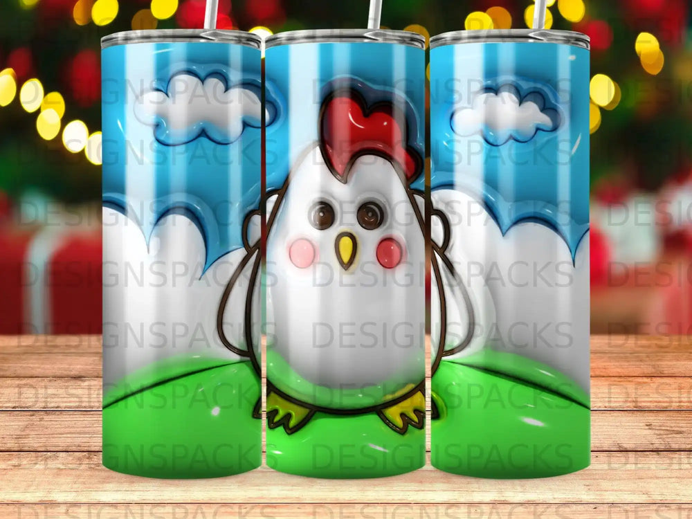 Cute cartoon chicken with blue and green background, watermarks present.