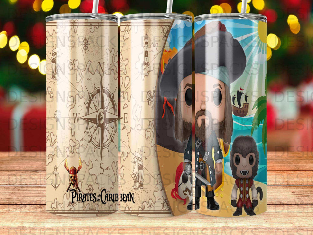 Pirates of the Caribbean tumbler with compass and character art.