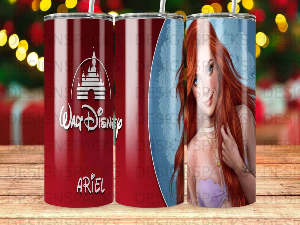 Disney's Ariel on a tumbler with Walt Disney logo.