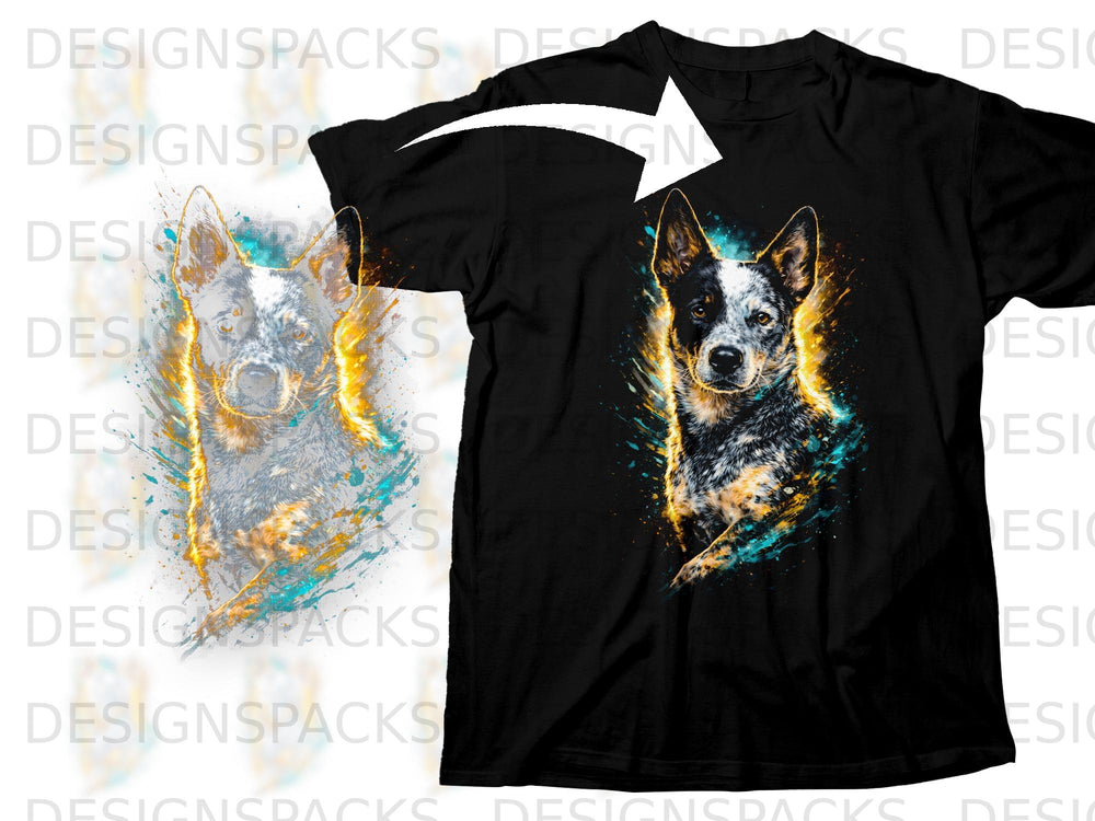 Black t-shirt with a distressed Australian Cattle Dog graphic in vibrant colors.