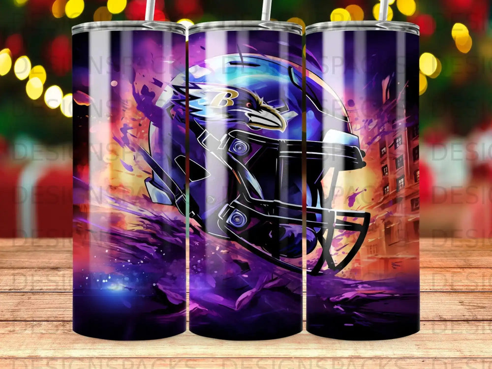 Baltimore Ravens football helmet with purple and black abstract splashes.