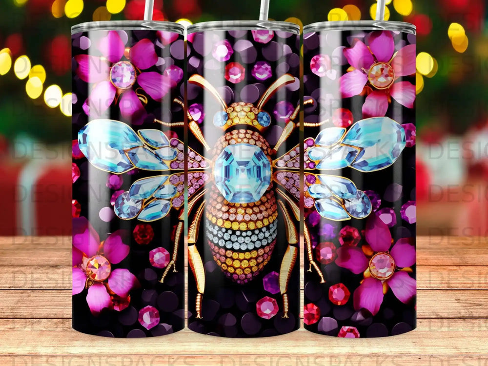 Glittering bee with jeweled wings surrounded by purple flowers.